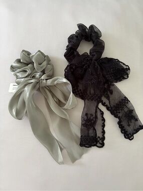 Claire's Sage Satin Bow and Black Lace Bow Scrunchie Bundle